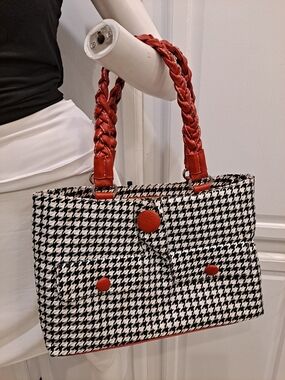 Houndstooth Black Gray White Tote with Red Braided Handles & Button Accents